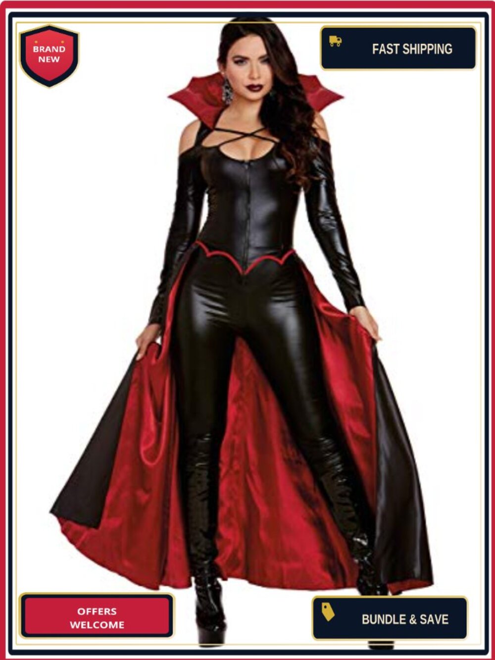 Vampire Costume Zip-Front Jumpsuit Collar Skirt Adult Halloween